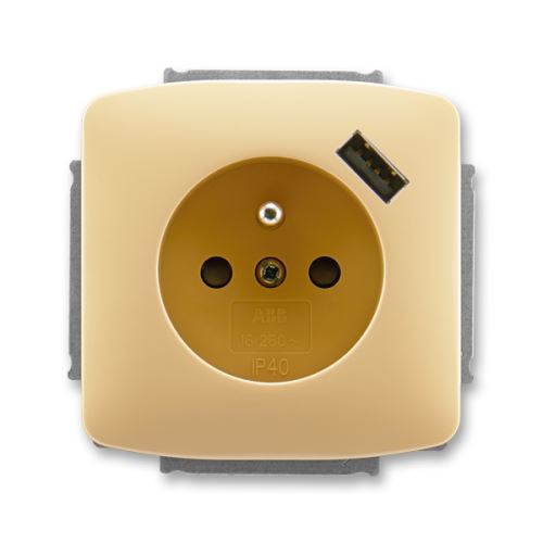 Zásuvka jednonásobná s kolíkem, s clonkami, s USB nabíjením, béžová, ABB Tango 5569A-A02357 D