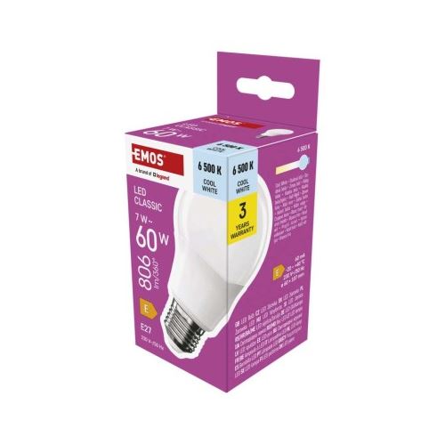 LED žárovka Classic A60 / E27 / 7 W (60 W) / 806 lm / Studená bílá