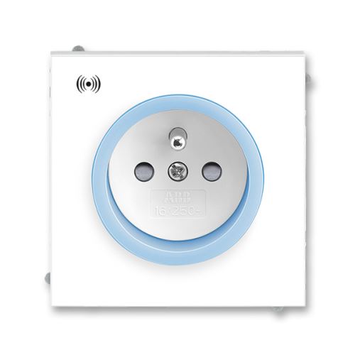 Zásuvka jednonásobná s prepäťovou ochranou s akustickou signalizáciou, clonky, bezšr., Biela / ľadová modrá, ABB Neo 5589-A02357 41