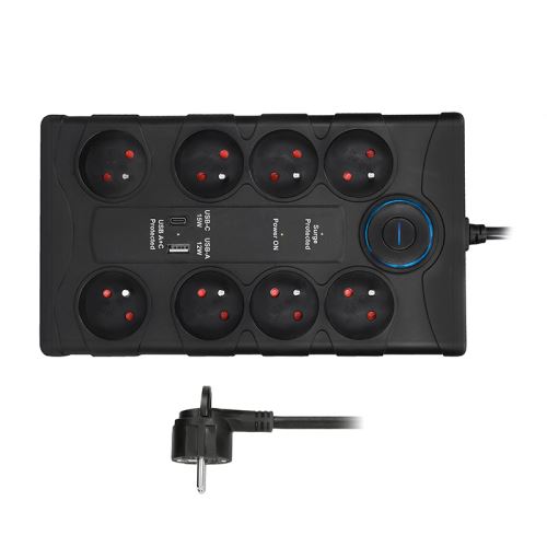 Solight prepäťová ochrana, 8z, USB A + CA, 2m, čierna
