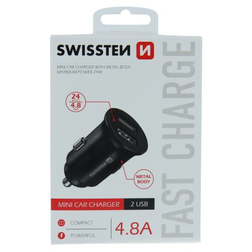 SWISSTEN nabíječka 2xUSB 12V 4,8A METEL BODY černá