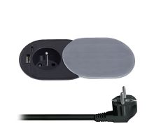Solight 1z + USB A+C 20W PD vestavná zásuvka s posuvným víčkem, 2m, stříbrná