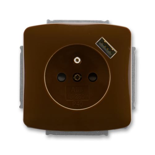 Zásuvka jednonásobná s kolíkom, s clonou, s USB nabíjaním, hnedá, ABB Tango 5569-A02357 H