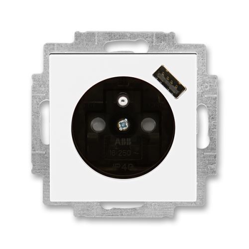 Zásuvka jednonásobná, s clonkami, s USB nabíjením, bílá/kouřová černá, ABB Levit 5569H-A02357 62