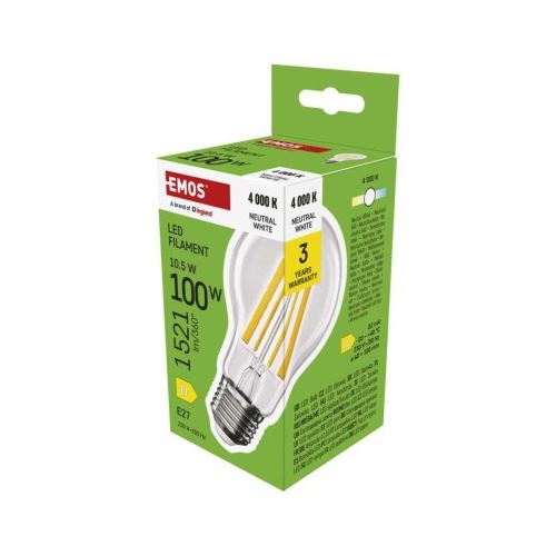 LED žárovka Filament A60 / E27 / 10,5 W (100 W) / 1521 lm / neutrální bílá