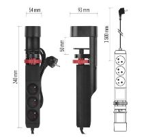Prodlužovací kabel 1,5m/3 zásuvky/vypínač/uchycení na stůl/USB/černý/PVC/1,5mm2 (13)