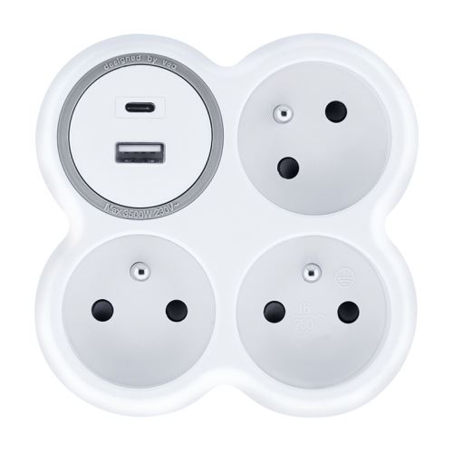 Solight rozbočka, 3x 15A, USB nabíjačka A+C, biela-sivá