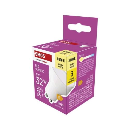 LED žárovka Classic MR16 bílá/ GU10 / 3 W (32 W) / 345 lm / teplá bílá