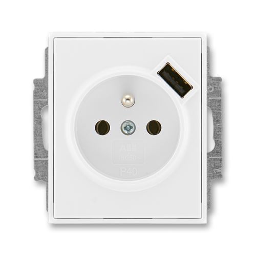 Zásuvka jednonásobná s kolíkom, s clonou, s USB nabíjaním, biela / biela, ABB Element, Time 5569-A02357 03