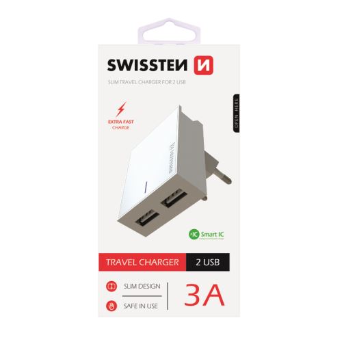 SWISSTEN adaptér 230V 3A 2xUSB bílá