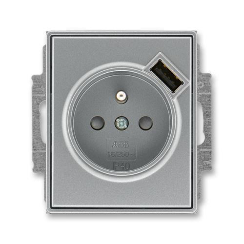 Zásuvka jednonásobná s kolíkem, s clonkami, s USB nabíjením, ocelová, ABB Time 5569E-A02357 36