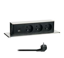 Solight 3z + USB A+C 20W PD výsuvný blok zásuvek, 2m, nerez ocel
