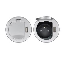 Solight USB vestavná zásuvka s víčkem, 1 zásuvka, plast, kruhový tvar, prodlužovací přívod 1,5m, 3x 1mm2, USB 2100mA, stříbrná (3)