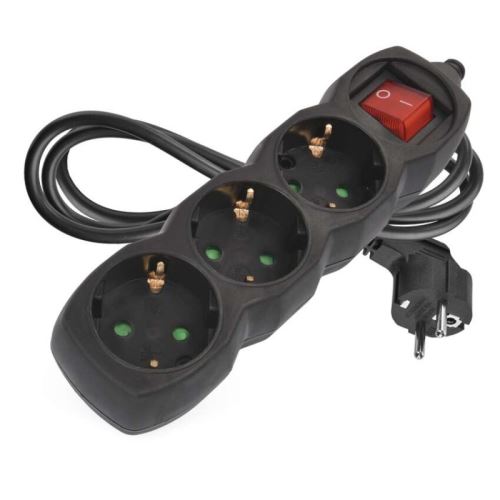 Prodlužovací kabel 1,5 m / 3 zásuvky / s vypínačem / černý / PVC / 1 mm2