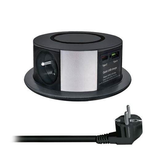 Solight 3z + USB A+C 20W PD, Wireless 10W, výsuvný blok zásuvek, 2m,  černý