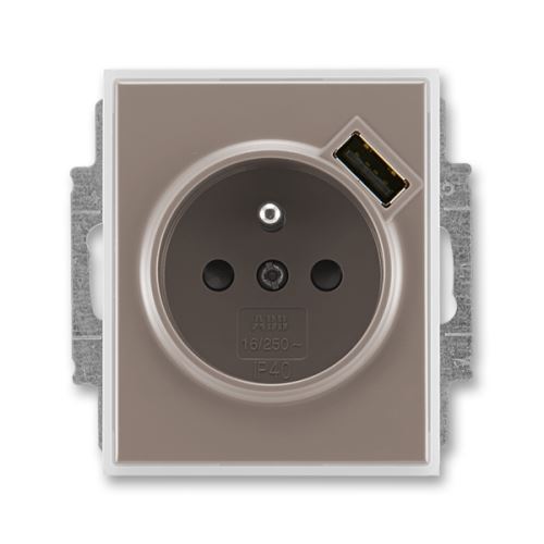 Zásuvka jednonásobná s kolíkem, s clonkami, s USB nabíjením, lungo/mléčná bílá, ABB Time 5569E-A02357 26