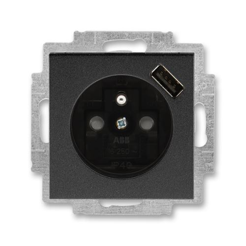 Zásuvka jednonásobná, s clonkami, s USB nabíjením, onyx/kouřová černá, ABB Levit 5569H-A02357 63