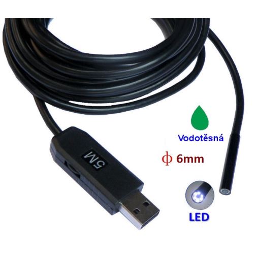 Inšpekčná kamera 5,5mm / dĺžka 5m vodotesná s osvetlením - endoskop s USB pripojením k PC a Android HIC-0505