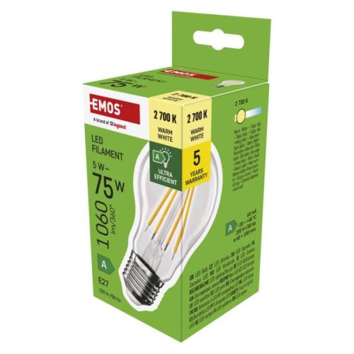 LED žiarovka Filament A60 / E27 / 5 W (75 W) / 1 060 lm / teplá biela