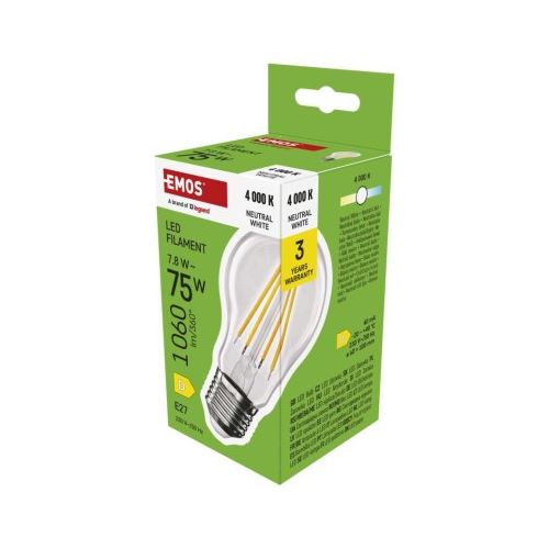 LED žárovka Filament A60 / E27 / 7,8 W (75 W) / 1060 lm / neutrální bílá