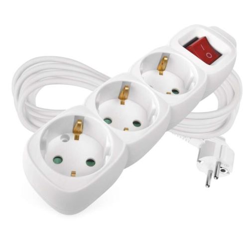 Prodlužovací kabel 5 m / 3 zásuvky / s vypínačem / bílý / PVC / 1,5 mm2