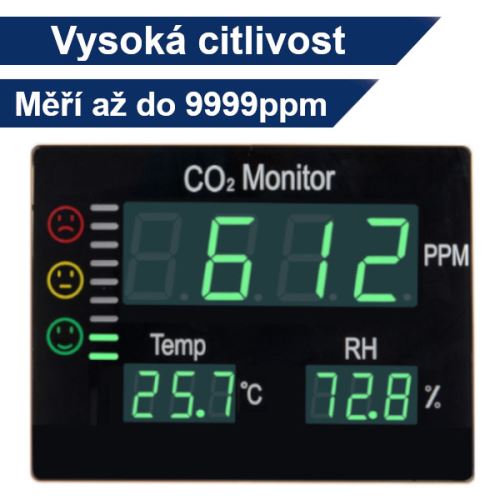 Detektor oxidu uhličitého CO2 s alarmem Hutermann ALARM CO2-2008 s měřením teploty a vlhkosti vzduchu, Měřič 'vydýchanosti vzduchu'