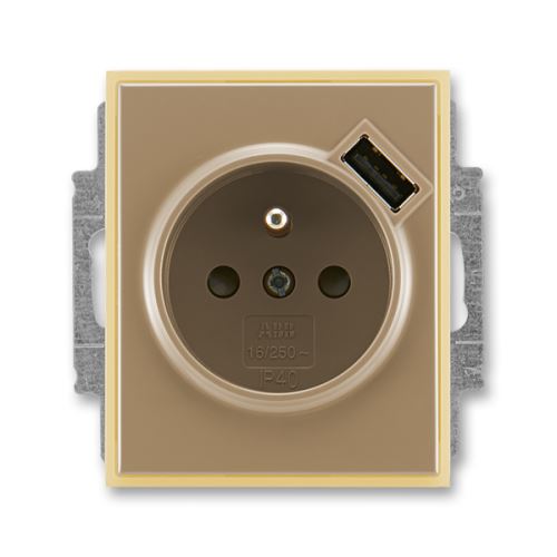 Zásuvka jednonásobná s kolíkom, s clonou, s USB nabíjaním, kávová / ľadová opálové, ABB, Element 5569-A02357 25