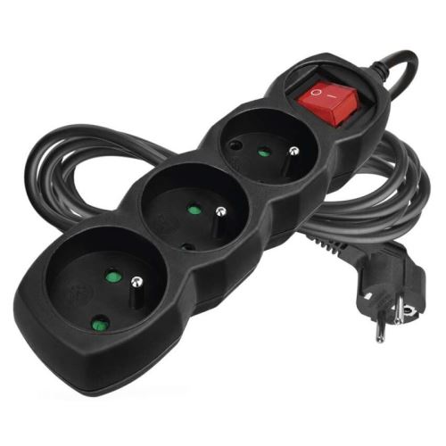 Prodlužovací kabel s vypínačem – 3 zásuvky, 3m, černý