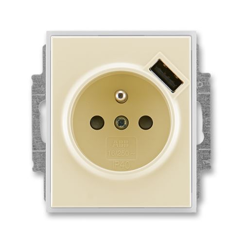 Zásuvka jednonásobná s kolíkom, s clonou, s USB nabíjaním, slonová kosť / ľadová biela, ABB, Element 5569-A02357 21