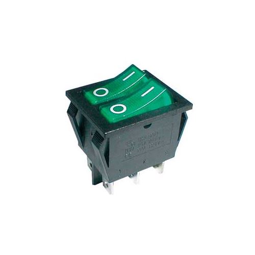 Prepínač kolískový 2x (2pol./3pin) ON-OFF 250V / 15A dec. zelený