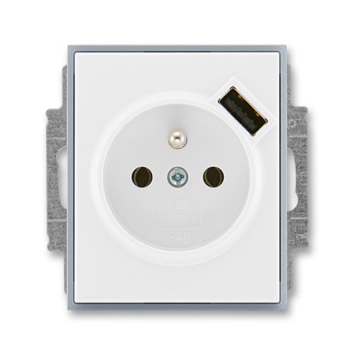 Zásuvka jednonásobná s kolíkem, s clonkami, s USB nabíjením, bílá/ledová šedá, ABB, Element 5569E-A02357 04