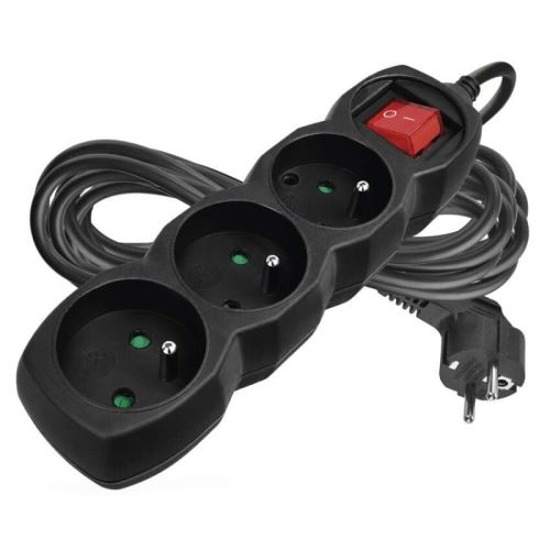 Prodlužovací kabel s vypínačem 3 zásuvky 5m, černý