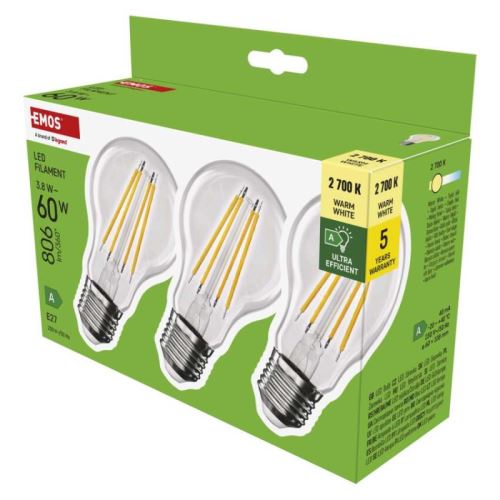 LED žárovka Filament A60 / E27 / 3,8 W (60 W) / 806 lm / teplá bílá