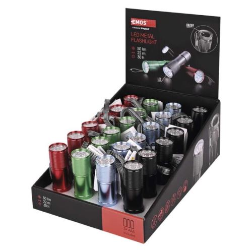 LED ruční kovová svítilna P3848A, 50 lm, 3× AAA, 24 ks, display box
