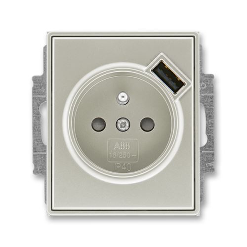 Zásuvka jednonásobná s kolíkem, s clonkami, s USB nabíjením, starostříbrná, ABB Time 5569E-A02357 32