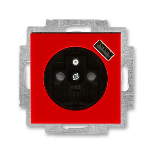 Zásuvka jednonásobná, s clonkami, s USB nabíjením, červená/kouř. černá, ABB Levit 5569H-A02357 65