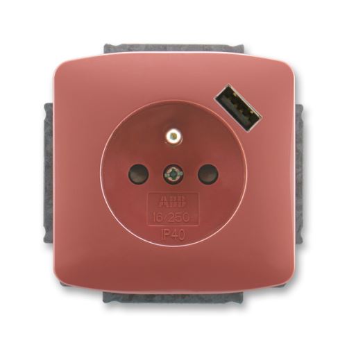 Zásuvka jednonásobná s kolíkem, s clonkami, s USB nabíjením, vřesová červená, ABB Tango 5569A-A02357 R2