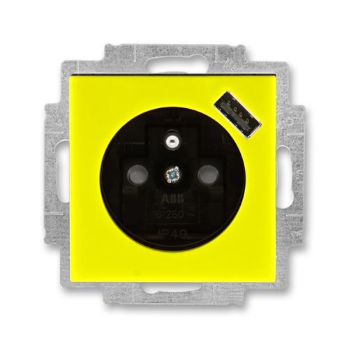 Zásuvka jednonásobná, s clonou, s USB nabíjaním, žltá / dymová čierna, ABB Levit 5569H-A02357 64