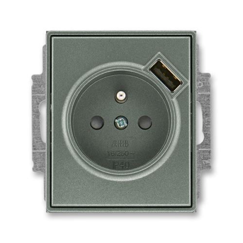 Zásuvka jednonásobná s kolíkem, s clonkami, s USB nabíjením, antracitová, ABB Time 5569E-A02357 34