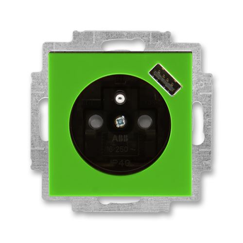 Zásuvka jednonásobná, s clonkami, s USB nabíjením, zelená/kouř. černá, ABB Levit 5569H-A02357 67