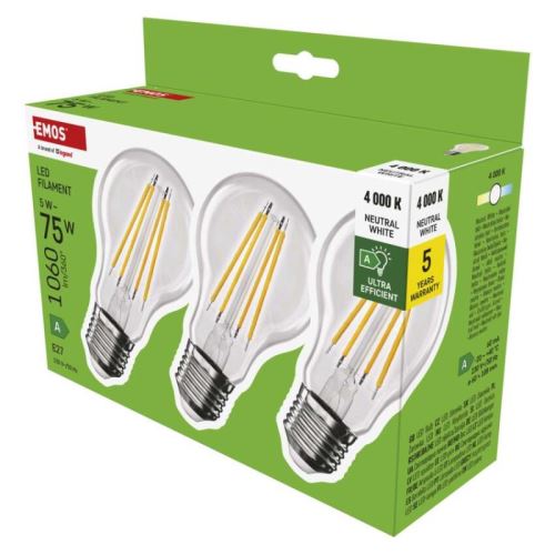 LED žárovka Filament A60 / E27 / 5 W (75 W) / 1 060 lm / neutrální bílá