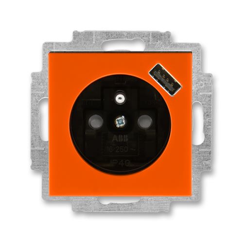Zásuvka jednonásobná, s clonkami, s USB nabíjením, oranžová/kouř. černá, ABB Levit 5569H-A02357 66