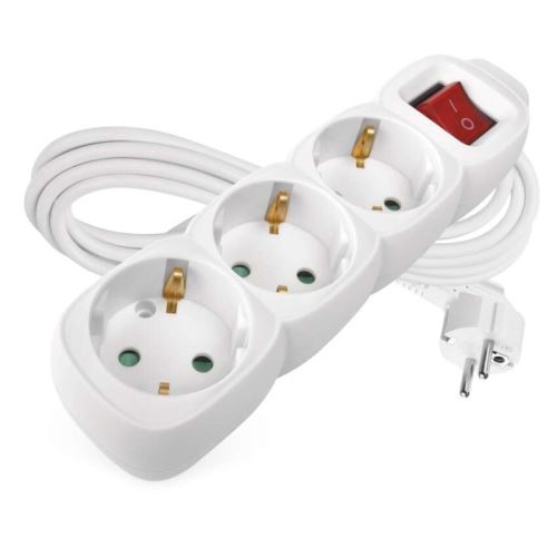 Prodlužovací kabel 3 m / 3 zásuvky / s vypínačem / bílý / PVC / 1,5 mm2