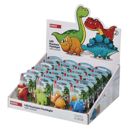 LED kľúčenka - dinosaury so zvukom na LR54, 24 ks, display box